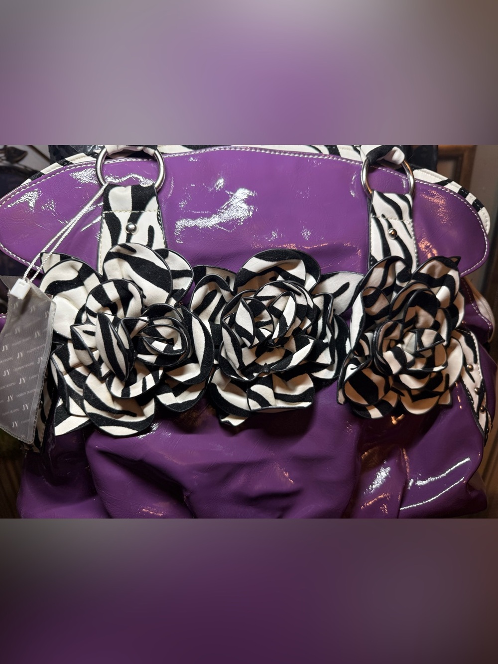 JY Fashion Y2K Purple Glossy Zebra Print Rosette Flower Purse Bag - Picture 2 of 16